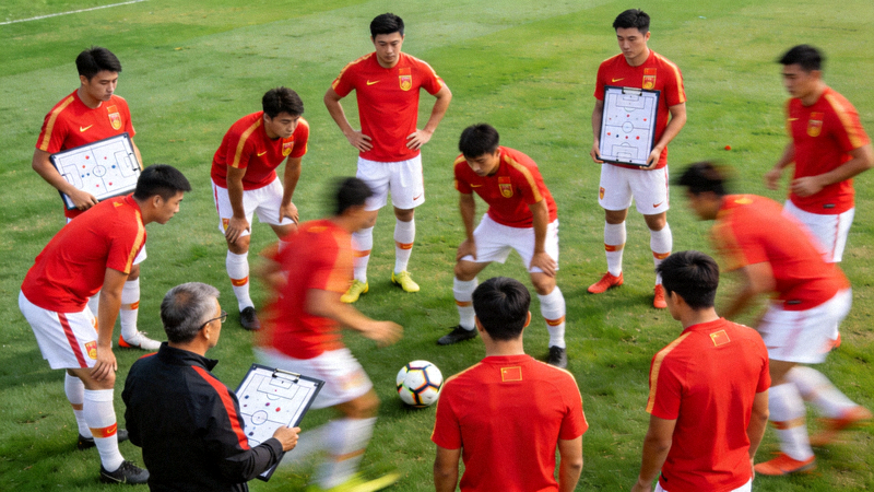中国男足国家队在训练场上进行战术演练的场面